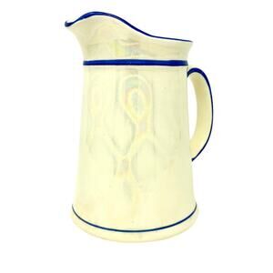 Vintage Lusterware Creamware 1946 Blue Rim and Handle Pitcher Jug Country Decor
